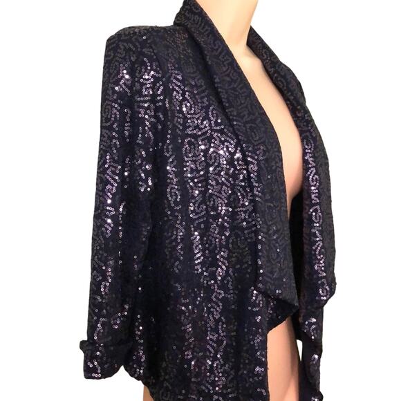 Ya LosAngeles Navy Blue Sequin Cropped Jacket Woman Size Medium Open Front - Picture 2 of 8